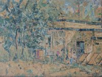 Casa con albero  Francobolli incollati su MDF - 13 x 19,5